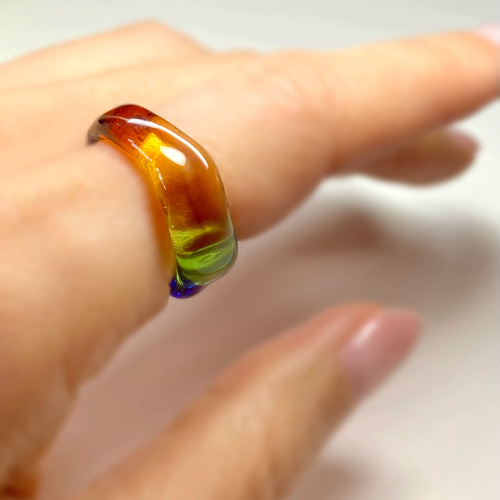 ガラスリング カラフル 6色 黄色 グリーン 青 クリア 茶色 5号〜18号