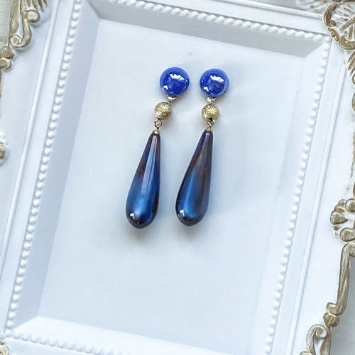 深海ブルー雫型ピアス/イヤリング サージカルステンレス ピアス