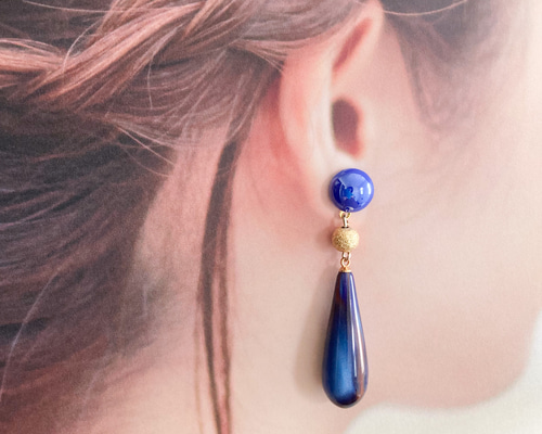 深海ブルー雫型ピアス/イヤリング サージカルステンレス ピアス