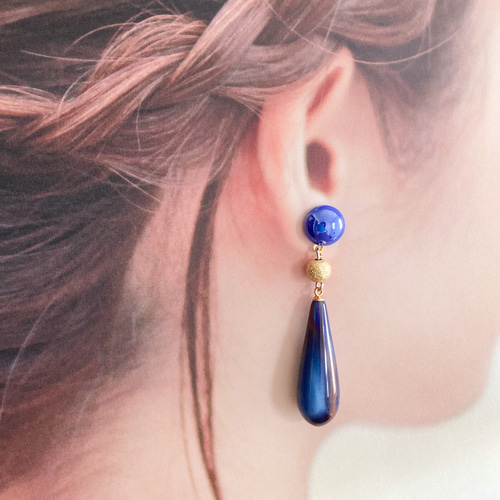 深海ブルー雫型ピアス/イヤリング サージカルステンレス ピアス