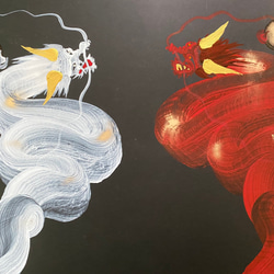 一筆龍『紅白双龍』★龍と天然石を身近に感じるアート・絵画 A3サイズ 1枚目の画像