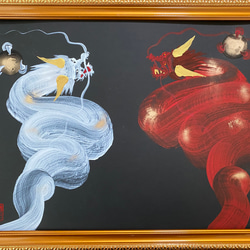 一筆龍『紅白双龍』★龍と天然石を身近に感じるアート・絵画 A3サイズ 2枚目の画像