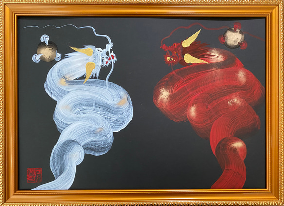 一筆龍『紅白双龍』★龍と天然石を身近に感じるアート・絵画 A3サイズ 2枚目の画像