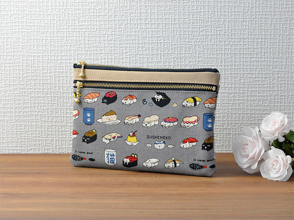 ダブルファスナー+背面ポケット付きフラットポーチ♢SUSHINEKOグレー