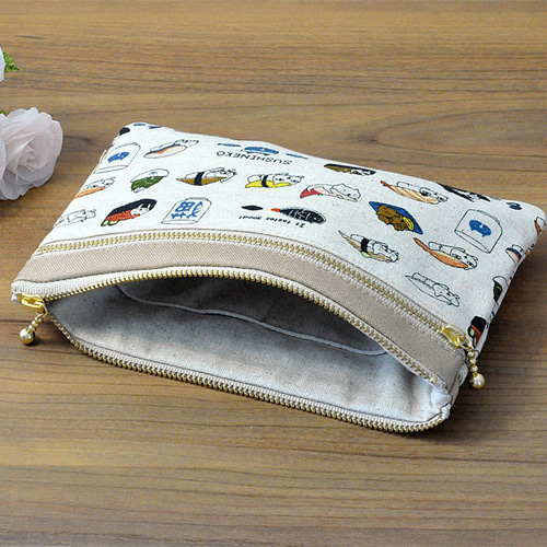 ダブルファスナー+背面ポケット付きフラットポーチ♢SUSHINEKOグレー