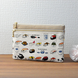 ダブルファスナー+背面ポケット付きフラットポーチ♢SUSHINEKO生成り