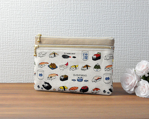 ブチ子と源☺︎。ダブルファスナーポーチ パッチワーク 黒系 おまとめ発送 革パッチワークのファスナーポーチ（茶系） No.03008-03