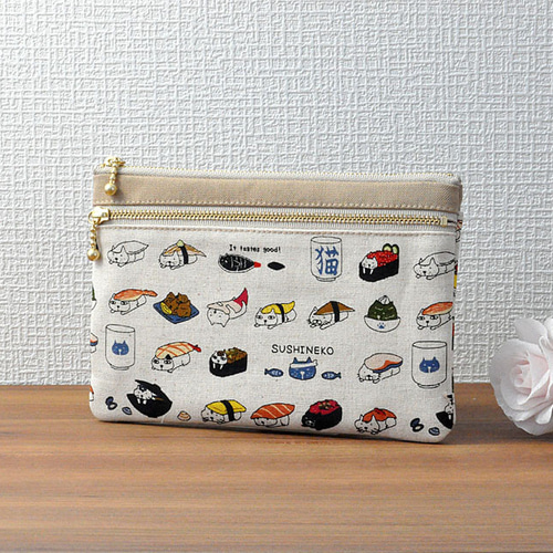 ダブルファスナー+背面ポケット付きフラットポーチ♢SUSHINEKO生成り