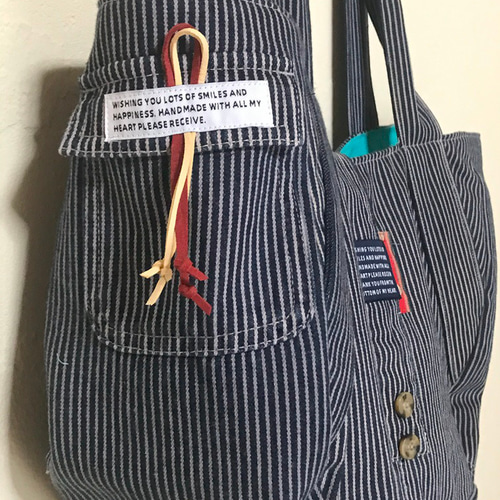 T06 ☆ヒッコリー・ストライプト・デニムリメイク オリジナルトート
