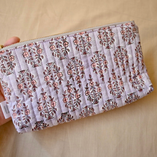 ふわもこキルティングポーチ（薄紫） ブロックプリント、インド綿