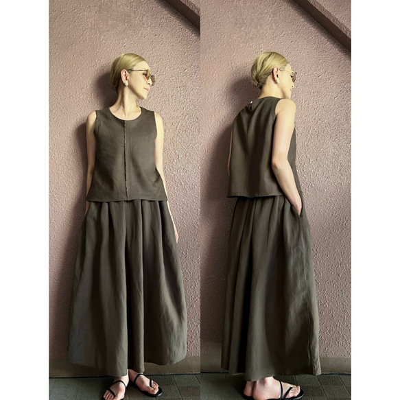 RATA❤️選擇你的長度❣️飄逸美麗❤️腰部修長的長裙❤️橄欖棕色❤️厚實的亞麻混紡❤️ 第1張的照片