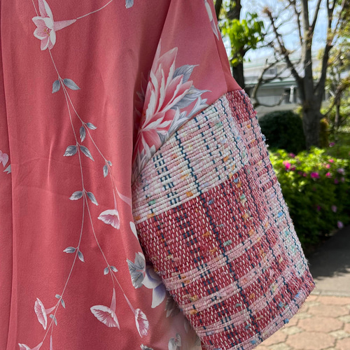 シルク100％着物リメイク 裂織りチュニック 七分袖 ピンク チュニック