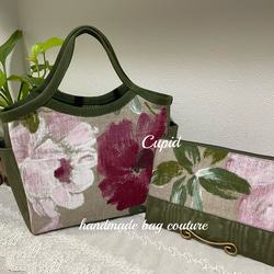 フランスリネン　華やかな花柄を使ったグラニーバッグ（中サイズ/ポーチ付き） 2枚目の画像