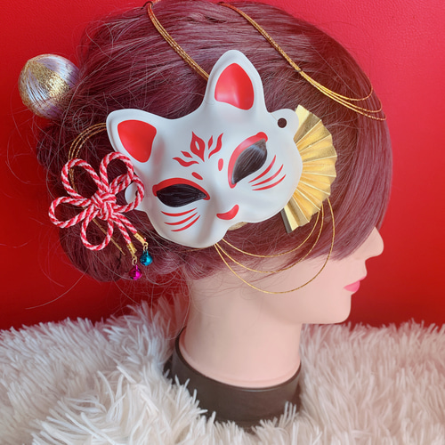 人気☆きつね☆ミニお面☆お祭り髪飾り☆成人式☆御神輿☆だんじり祭り