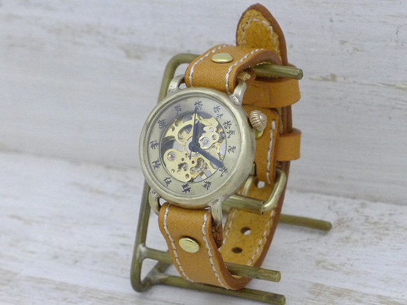 "倭ノ刻手巻一" 旧漢数字(大字)インデックス 手巻きBrass34mmステッチベルト 手作り腕時計 [BHW148] 2枚目の画像