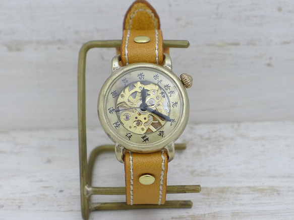 "倭ノ刻手巻一" 旧漢数字(大字)インデックス 手巻きBrass34mmステッチベルト 手作り腕時計 [BHW148] 4枚目の画像