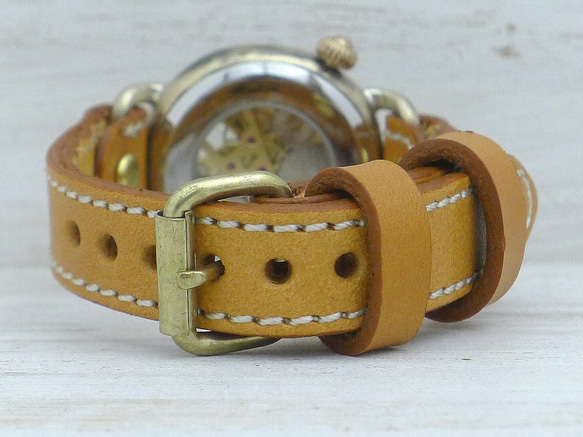 《Wanotaki手纏先》舊中國數字（大字）索引手工上鍊黃銅34毫米縫線皮帶手工腕錶 [BHW148] 第8張的照片