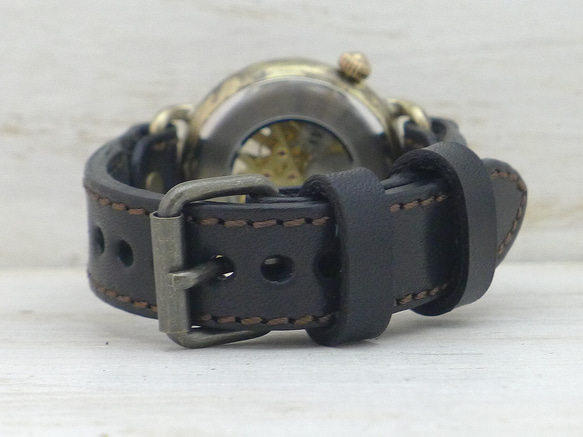 "倭ノ刻手巻二" 旧漢数字(大字)インデックス 手巻きBrass38mmステッチベルト 手作り腕時計 [BHW149] 8枚目の画像