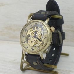 "倭ノ刻手巻二" 旧漢数字(大字)インデックス 手巻きBrass38mmステッチベルト 手作り腕時計 [BHW149] 1枚目の画像