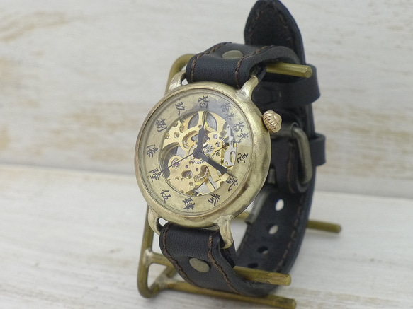 "倭ノ刻手巻二" 旧漢数字(大字)インデックス 手巻きBrass38mmステッチベルト 手作り腕時計 [BHW149] 1枚目の画像