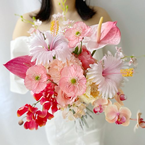 花　アートフラワーブーケ　アートフラワー　花　立体　ハイビスカス　ウリズン ハイビスカスのカラフルブーケ☆ | ぱぱぼっくす&ブーケ製作＊歌と花の