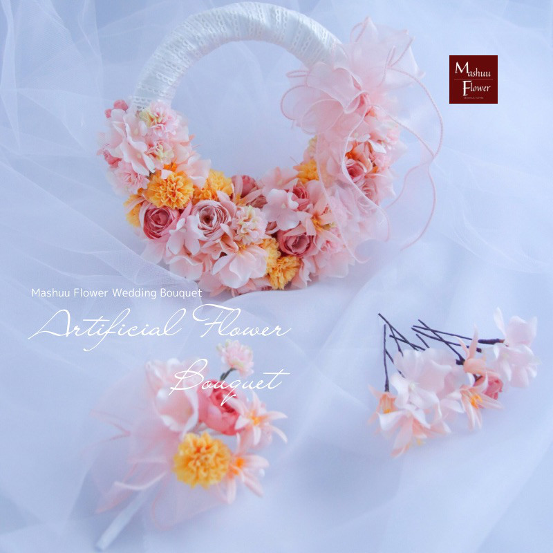 可愛いブーケ アプリコット【ハンドバッグブーケ】【リースブーケ】ピーチ イエロー ピンク ウェディング ブライダルブーケ