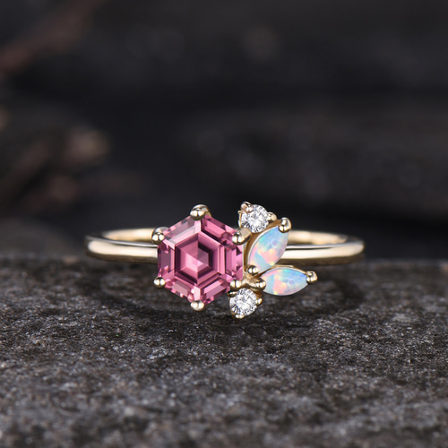 ユニークな 10 月の誕生石天然ピンクトルマリン婚約指輪オパールリング