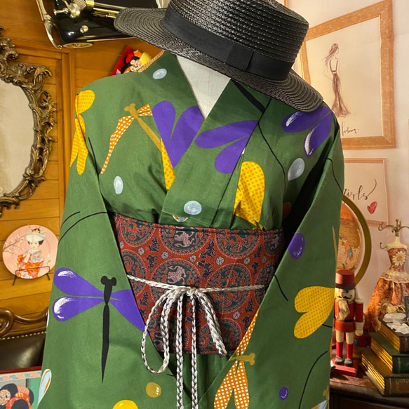 和洋折衷 浴衣 リメイク ワンピース ドレス 名古屋帯サッシュベルト レトロ 古着 和 モダン W-283 2枚目の画像