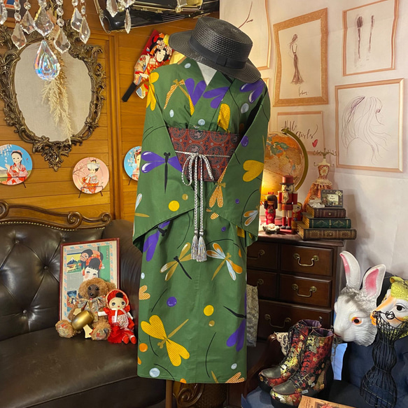 和洋折衷 浴衣 リメイク ワンピース ドレス 名古屋帯サッシュベルト レトロ 古着 和 モダン W-283 3枚目の画像
