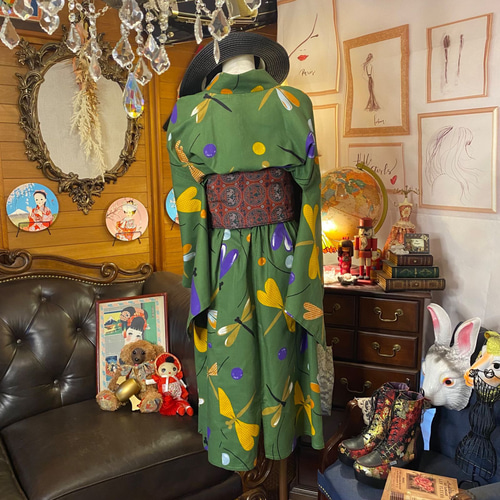 3102 着物　浴衣　リメイク　ワンピース 和洋折衷 浴衣 リメイク ワンピース ドレス 帯サッシュベルト