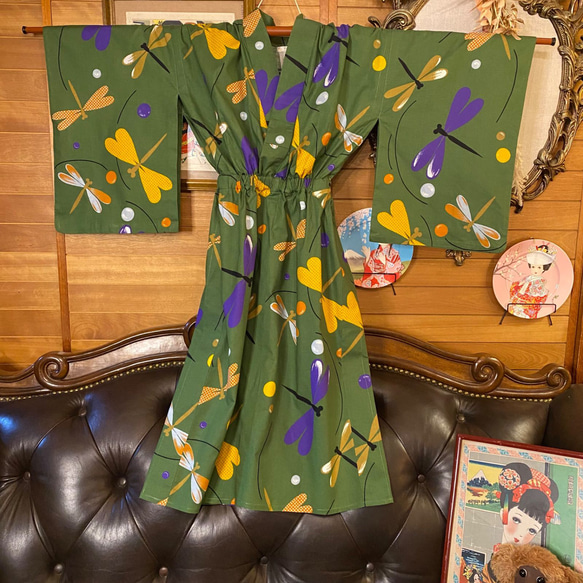 和洋折衷 浴衣 リメイク ワンピース ドレス 名古屋帯サッシュベルト レトロ 古着 和 モダン W-283 6枚目の画像