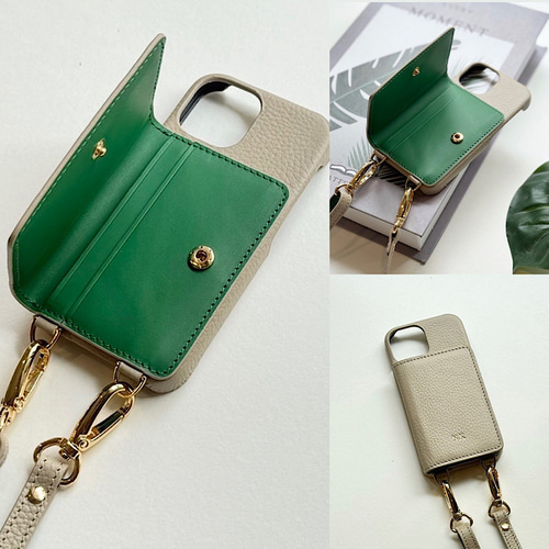 3 名入れ可｜バイカラー本革iPhoneショルダーケース（背面収納