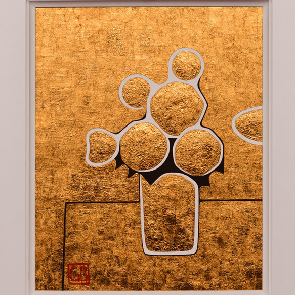 24K純金箔をふんだんに使用●『金の花』●がんどうあつし絵画F3ホワイト額付 2枚目の画像