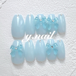 【着画あり】ハンドメイド　ネイルチップオーダー　リボン　可愛い　韓国ネイル　水色 サイズオーダー】nailtip リボンネイル マグネットネイル 水色