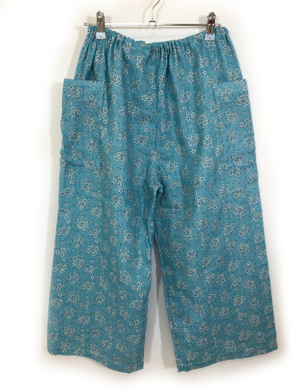 両サイドポケット　ダブルガーゼ　82cm丈　8～9分丈程パンツ　ステテコ　綿100　ゴムウエスト　フリーサイズ　ブルー系 3枚目の画像