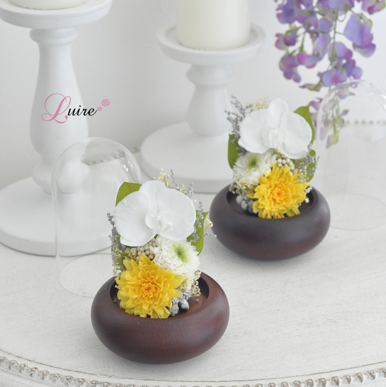 【新色イエロー】稀有なプリザーブドフラワー胡蝶蘭の仏花、お供え花／ガラスドーム付き／お悔み 新盆