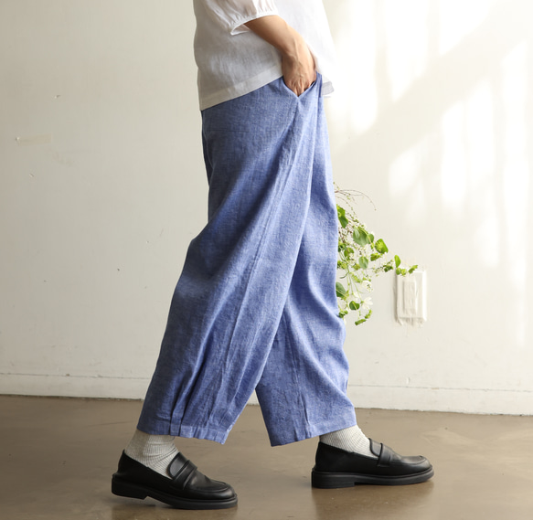 有趣又時尚的長褲，讓你的雙腳更輕鬆 棉麻海軍藍桔梗 240506-2 第3張的照片
