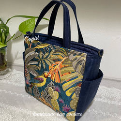 フランスジャガード織り ボタニカル柄（鳥・植物）のサイドポケット付き2Wayトートバッグ 3枚目の画像