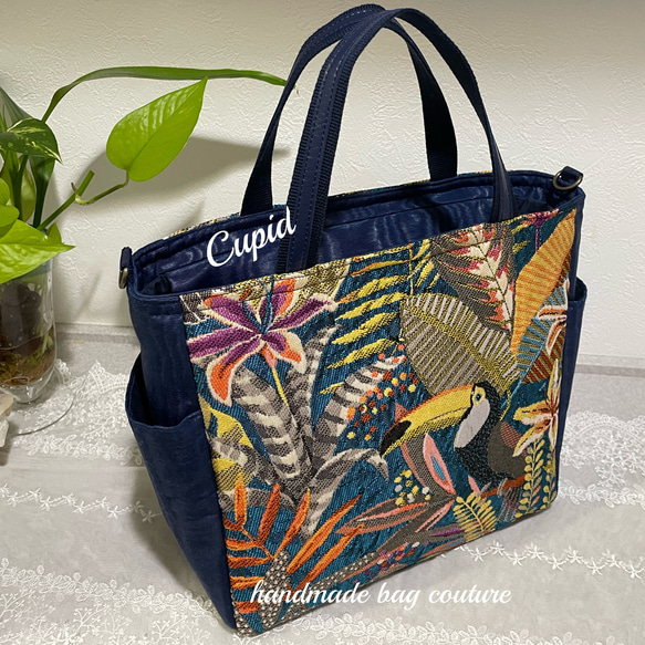 フランスジャガード織り ボタニカル柄（鳥・植物）のサイドポケット付き2Wayトートバッグ 2枚目の画像