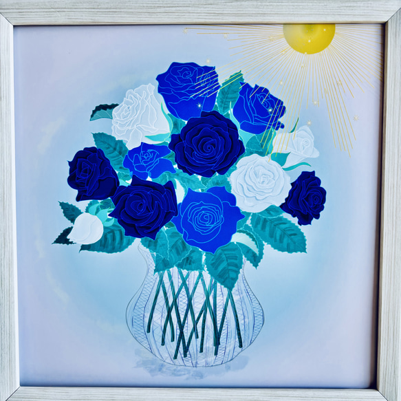 「青い薔薇～夢叶うとき」インテリアイラスト絵画ポスター　(＋1000円で正方形額縁付き) 3枚目の画像