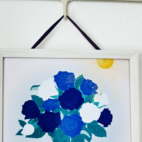 「青い薔薇～夢叶うとき」インテリアイラスト絵画ポスター　(＋1000円で正方形額縁付き) 6枚目の画像