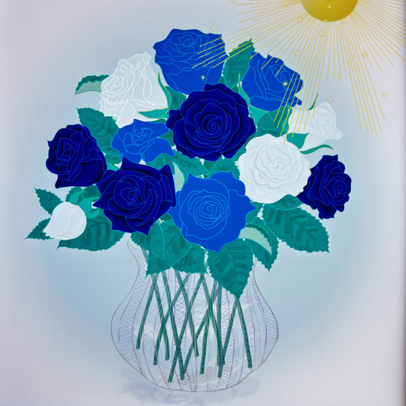「青い薔薇～夢叶うとき」インテリアイラスト絵画ポスター　(＋1000円で正方形額縁付き) 2枚目の画像