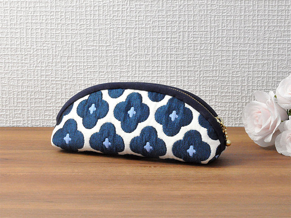 フランスジャガード織花柄のメガネケース◇ネイビー 1枚目の画像