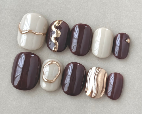 ニュアンスネイル ネイルチップ ミラーネイル金色ゴールド 茶色