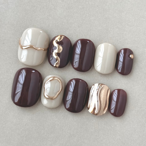 ニュアンスネイル ネイルチップ ミラーネイル金色ゴールド 茶色