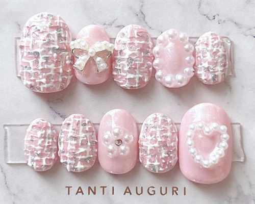 ネイルチップ フレンチガーリー ツイード 秋 冬 ピンク パール リボン