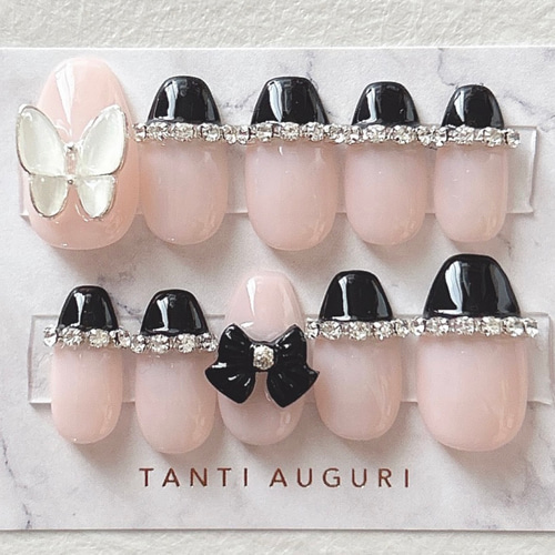 72))ネイルチップ リボンネイル フレンチガーリー ワンホン