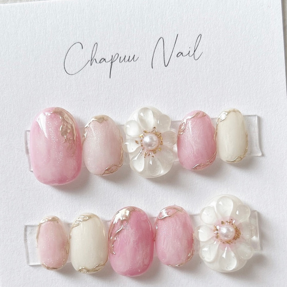 オーダーネイルチップ ニュアンスぷっくりフラワーブライダル結婚式