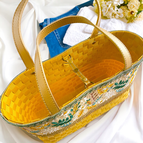大人のカゴバッグ【インド刺繍×PPバンド】ミモザ かごバッグ カゴと