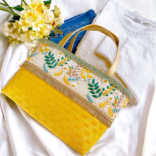 大人のカゴバッグ【インド刺繍×PPバンド】ミモザ かごバッグ カゴと